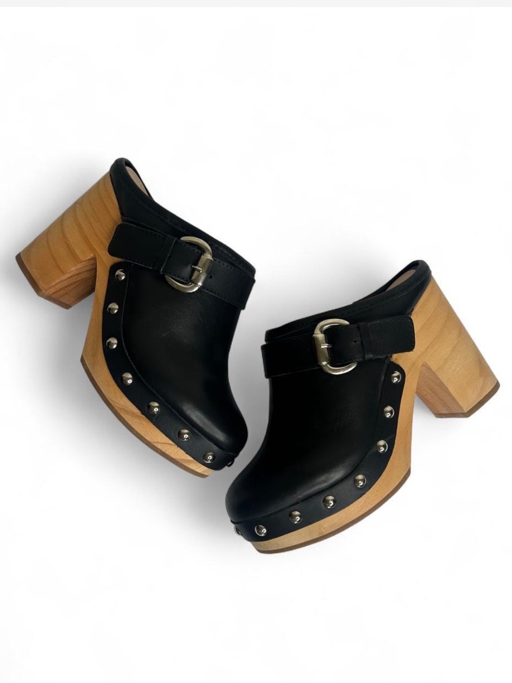 New Steve Madden Black Leather Studded Wooden-Block Clogs shoes 7.5